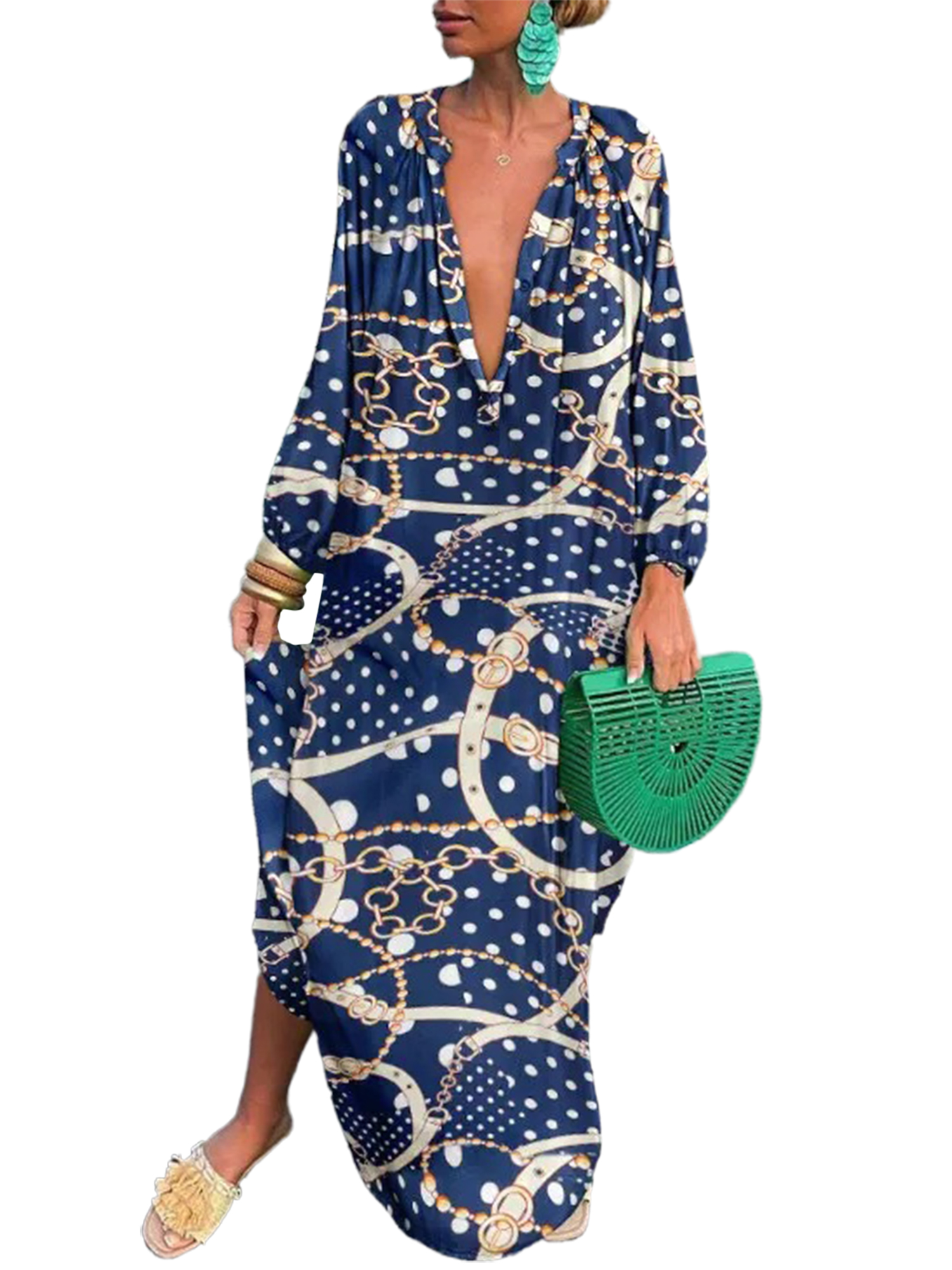 Innerwin Robe Boutonnée Femme Robes Maxi Automne Manches Longues Ample Bleu Marine TTG