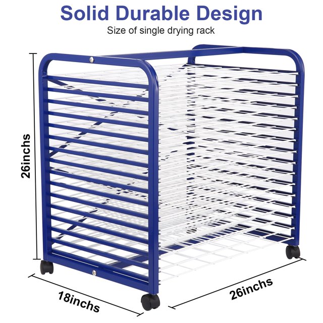 EDTara Art Drying Rack, 16 Removable Shelves Mobile Paint Drying Rack with Lockable Castors, Canvas Rack Art Storage Ideal for Schools and Art Studios 18" D x 26" W x 26" H Blue