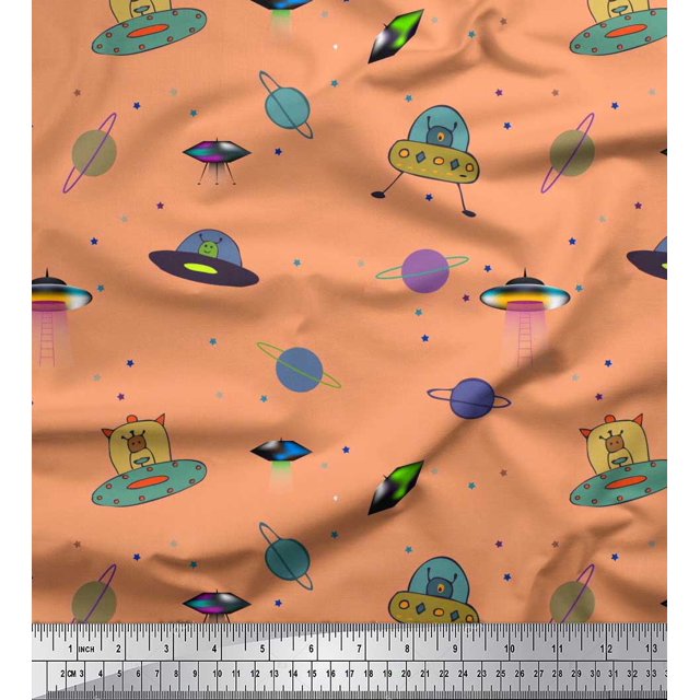 Soimoi Polyester Crepe Fabric Planet,Animal & Spaceship Cartoon Print Fabric by The Yard 42 Inch Wide