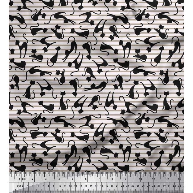 Soimoi Rayon Fabric Stripe & Cat Animal Print Fabric by Yard 56 Inch Wide