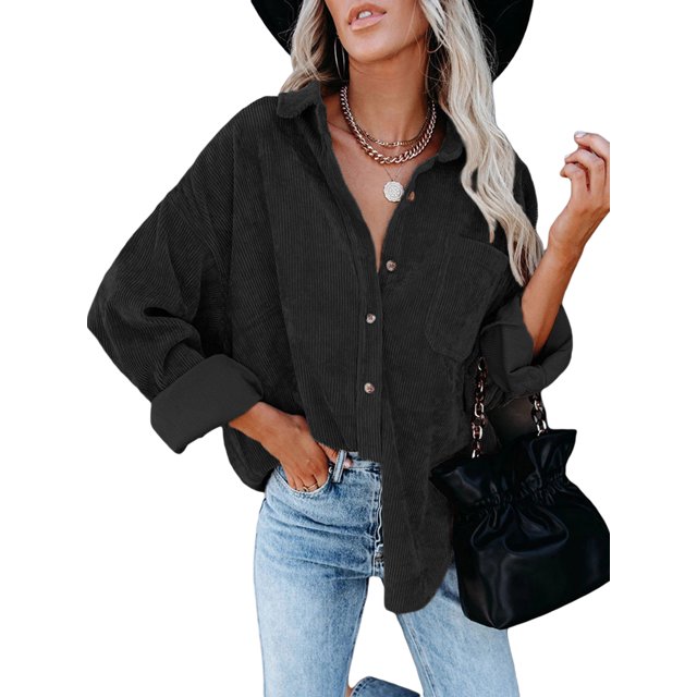 Womens Corduroy Casual Button Down Shirts Long Sleeve Boyfriend Oversized Collared Shacket Jacket Blouses Tops