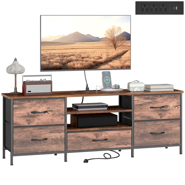 HOMCOM TV Stand for TVs up to 65 Inch, Industrial Entertainment Center rustic brown and black entertainment center with 55.1" W tabletop, industrial steel frame, five fabric drawers and two open shelves, built-in power strip with USB ports for cable management, adjustable feet; also suitable for organising game consoles and media accessories.