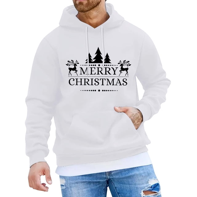 Chandail à Capuchon Décontracté de Noël pour Hommes à Lettres Imprimées Partiellement, Manches Longues, Chandail à Capuchon, Hauts