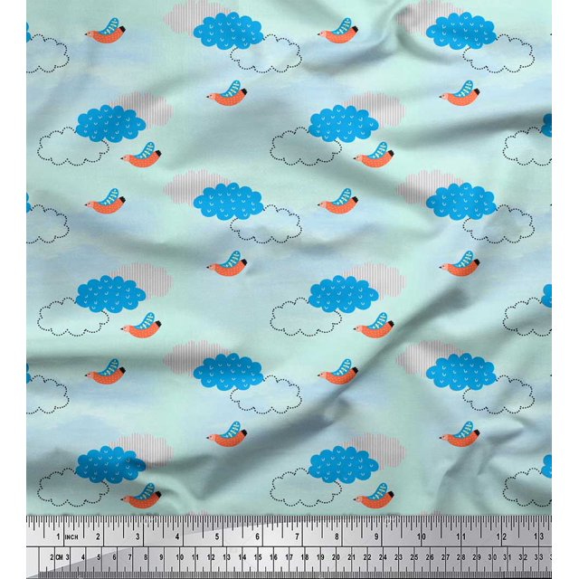 Soimoi Green Poly Georgette Fabric Clouds & Bird Printed Fabric 1 Yard 52 Inch Wide