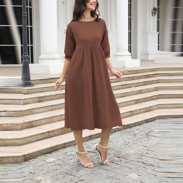 midi homecoming dresses 2024 Pisexur Womens Fall 1/2 Sleeve Round Neck Dress Fashion Elegant Solid Color Dresses Casual Flowy Cotton Linen Cocktail Dress homecoming dresses