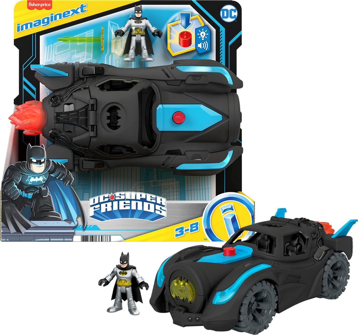 Imaginext DC Super Friends Lights & Sounds Batmobile, Batman Figure & Vehicle, 3-Piece Preschool Toys