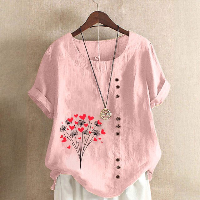Jusqu'à 50 % de Rabais Horkkom Hauts Grande Taille pour Femmes Été Décontracté Chemises en Lin à Manches Courtes Col Rond Imprimé Floral Blouses Amples