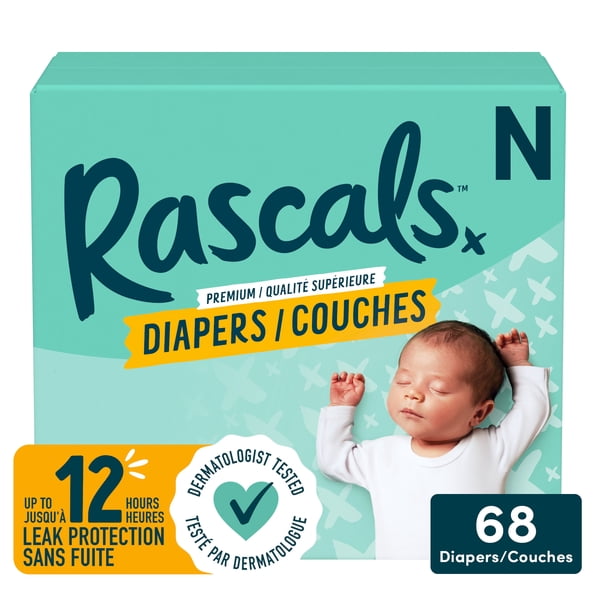 Rascals Premium Absorbent Newborn Diapers, Size N, Carton, 68