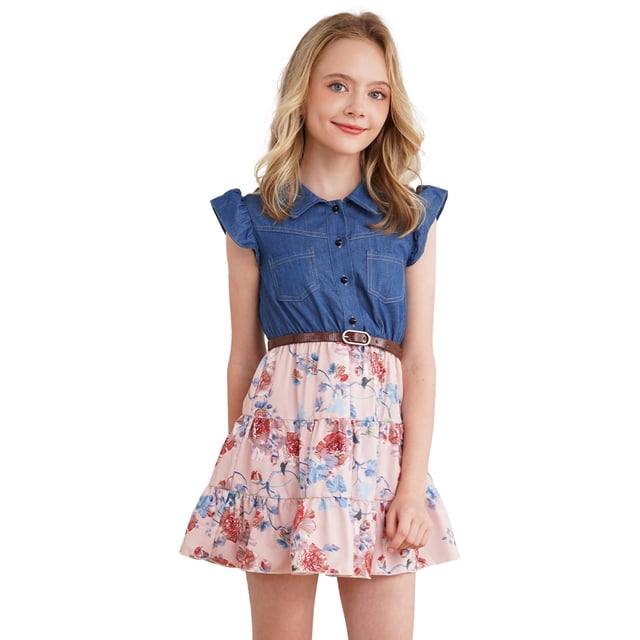 MSemis Robe d'Été Décontractée à Volants à Manches Courtes pour Filles, Hauts en Denim, Robe en Jean, Jupe Fleurie, Robe de Plage pour Fête, Rose 14