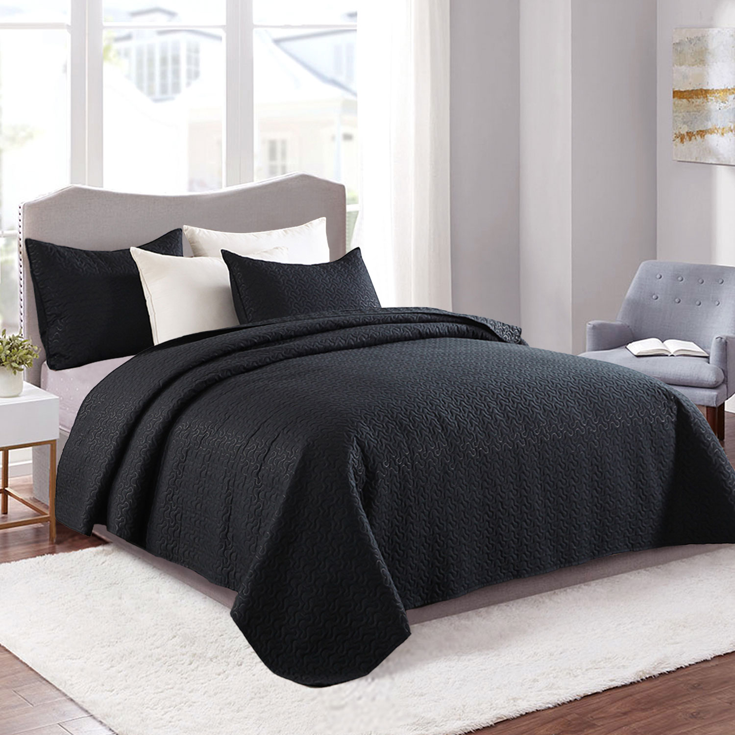 JML 3 Pieces King Quilt Set, Soft Lightweight Microfiber Bedspread,1 Quilt 2 Shams, Black