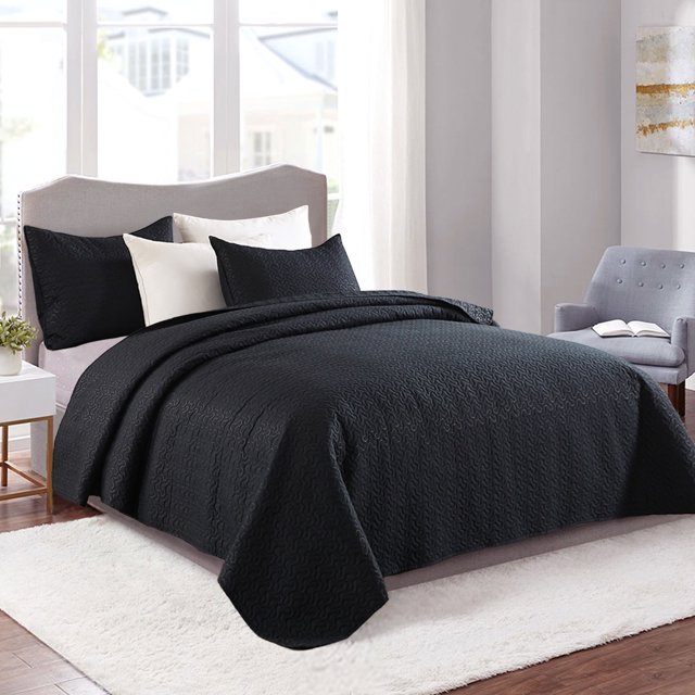 JML 3 Pieces Queen Quilt Set, Soft Lightweight Microfiber Bedspread,1 Quilt 2 Shams, Black