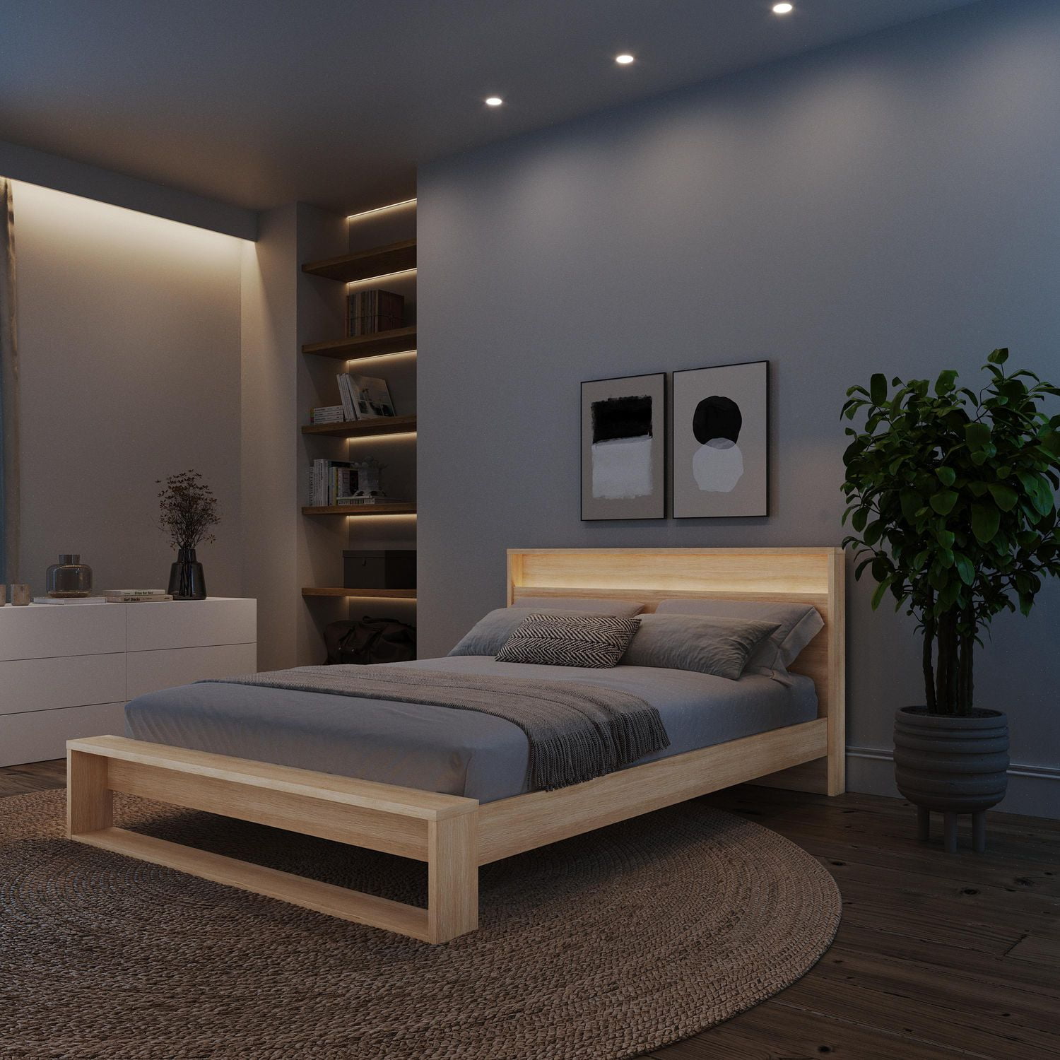 Gael Queen Size Bed Set with Slatted Bedframe and Headboard with Integrated Light