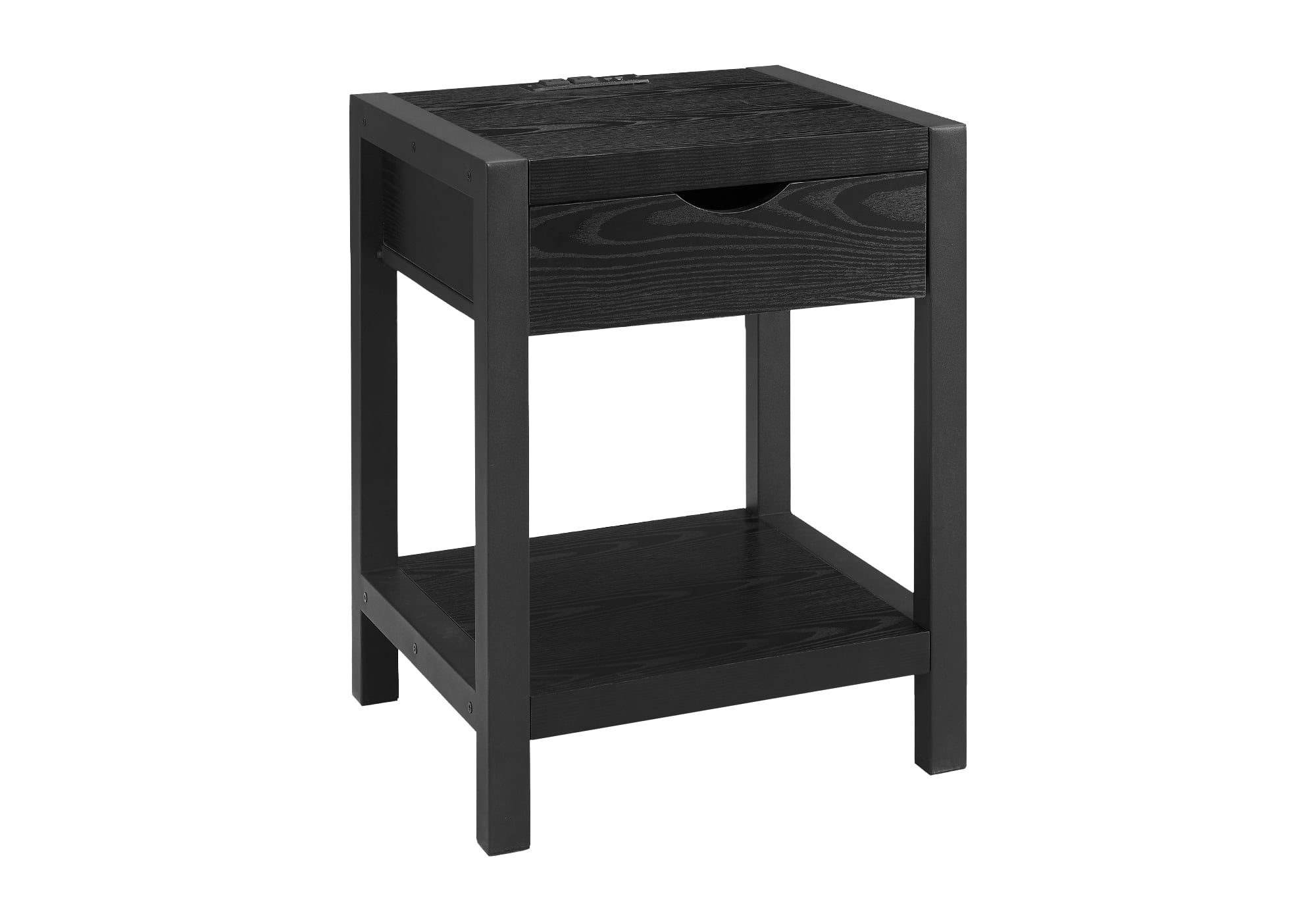Monarch Specialties - Table D'Appoint, 24"H, 2 Niveaux, Bout, Table D'Appoint, Table De Nuit, Lampe, Tiroir De Rangement, Laminé Chêne Noir, Métal Noir, Contemporain