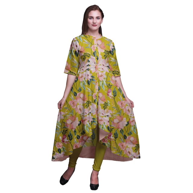 Bimba Feuilles Jaunes et Magnolia Floral Tenue Ethnique Indienne pour Femmes Anarkali Kurti Imprimée Robe Asymétrique-Moyen