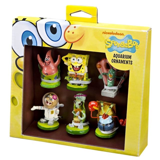 Penn-Plax SpongeBob SquarePants Aquarium - Mini Resin Kit - 6pc Set with hand-painted resin aquarium décor featuring SpongeBob, Patrick, Sandy, Squidward, Mr. Krabs, and Plankton characters in a yellow box with clear window, safe for freshwater and saltwater fish tanks.