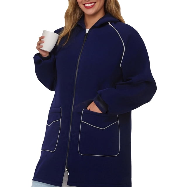 Breezora Manteau Long à Capuchon Résistant à l'Eau pour Femmes avec Détails Réfléchissants, devant à Boutons, Vêtement d'Extérieur de Protection contre la Pluie, Taille TTG, Bleu Marine