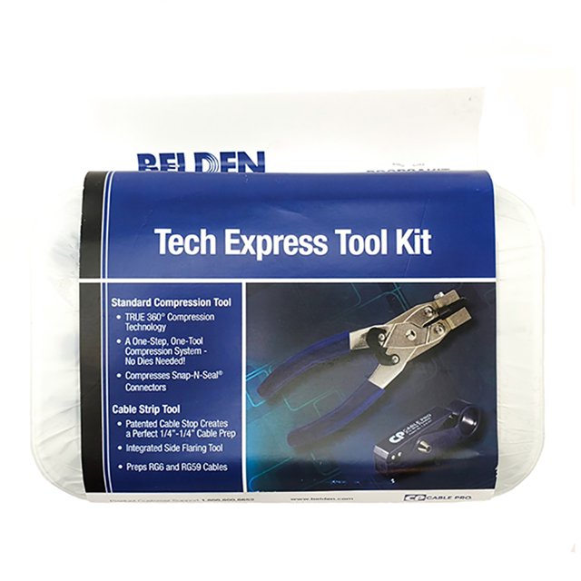 Belden Tech Express Tool Kit PROPSAKIT Snap-n-Seal, featuring a CPSNSCT-596 compression tool and PSA59/6 cable strip tool. The kit includes tools for compressing Snap-N-Seal connectors on RG6, RG59, RGB/mini, plenum, and CCTV cables, with no adaptor dies required. The cable strip tool preps RG59 and RG6 cables with a patented cable stop for precise 1/4”-1/4” preparation and an integrated side flaring tool for RG6 cables. Tools are made of solid steel for durability and lightweight handling, ideal for home improvement and professional use.