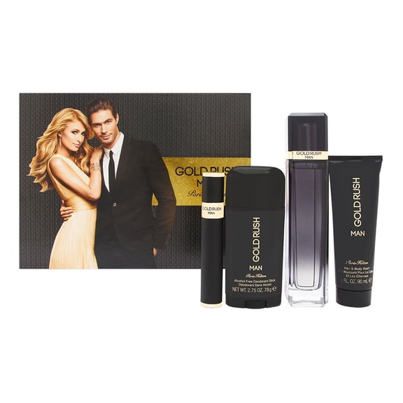 Paris Hilton Gold Rush Man Ensemble de 4 Pcs Comprend : Vaporisateur Eau de Toilette 3,4 oz + Gel Douche 3,0 oz + Bâton Déodorant Sans Alcool 2,75 oz + Vaporisateur Eau de Toilette 0,34 oz