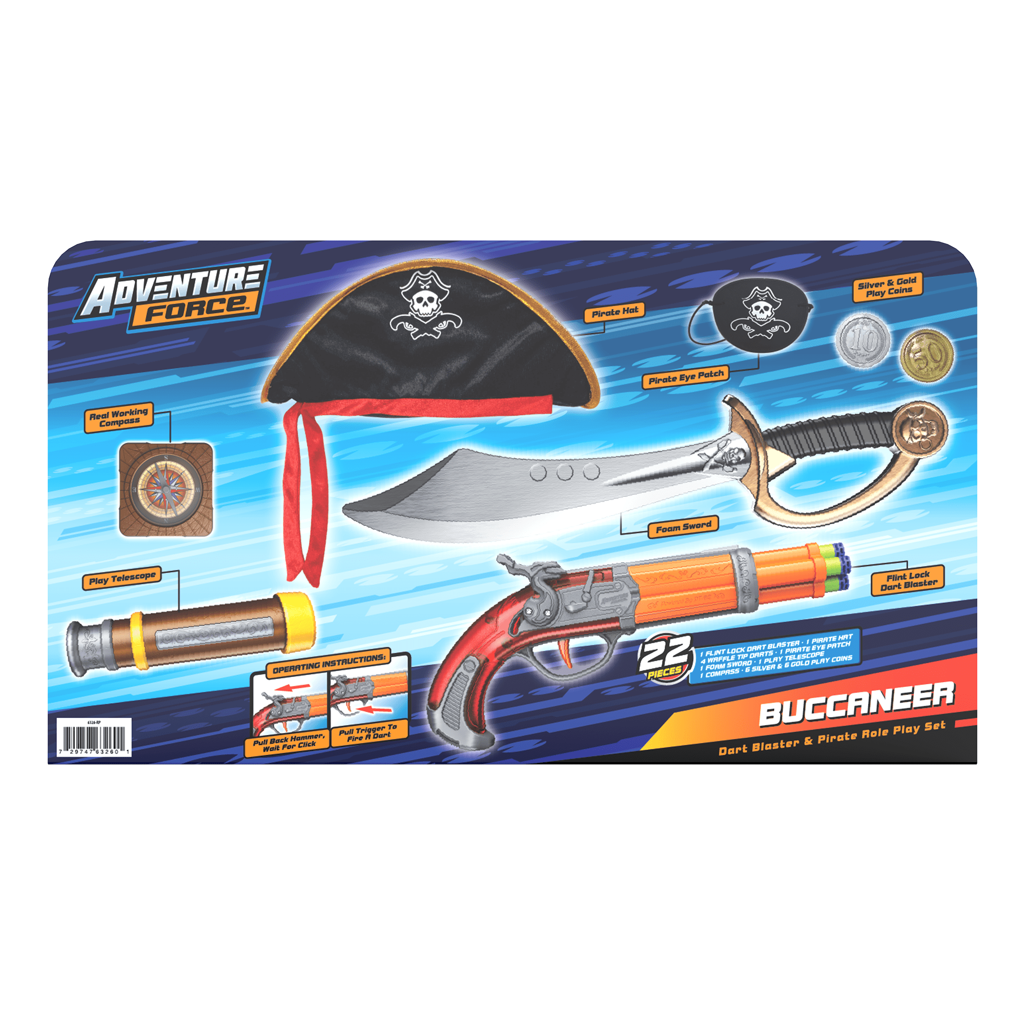 Adventure Force Pirate Roleplay Set – Ensemble de jeu de rôle Pirate Buccaneer avec lanceur de fléchettes, ensemble de 12 pièces
