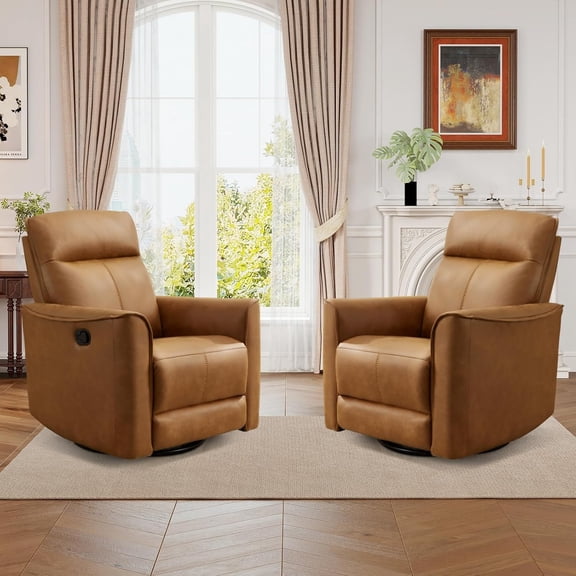 Bonzy Home Swivel Rocker Recliner Chair Set of 2, Manual PU Leather Recliners with Padded Armrest and Backrest, Nursery Rocking Reclining Chair for Living Room, Bedroom, Brown