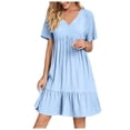 thumbnail image 1 of Robes à Volants pour Femmes Grande Taille d'Été à Manches Courtes, Robe Babydoll Décontractée à Col en V, Robes pour Dames Bleu Pâle, 5TG, 1 of 7