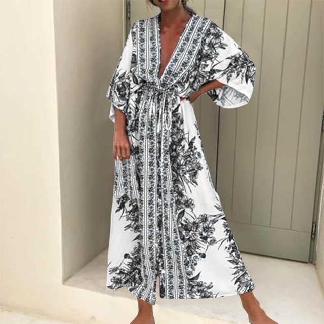 Soldes! Cameland Robe Cheville à Manches Longues Imprimée à Col en V pour Femmes