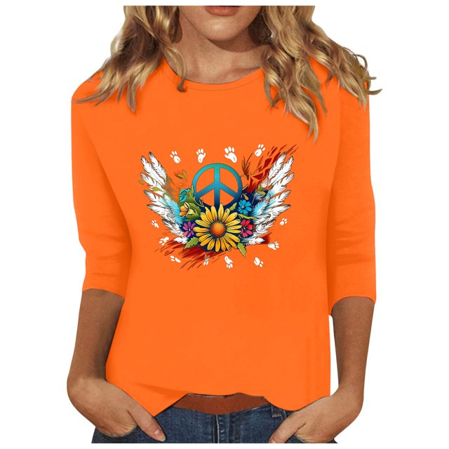 Dadaria Chemise Orange Hauts pour Femmes T-Shirt à Manches 3/4 Col Ras du Cou T-Shirt Grande Taille Tee Chandail d'Été Blouses L
