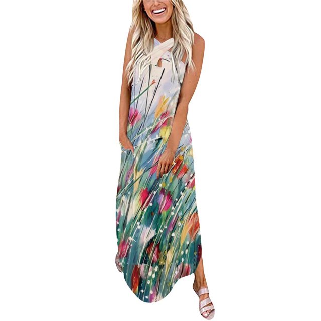 Sundresses for Femmes Sexy Femmes Summer Conception Robe Décontractée Progressive Sans Manches Suspendu Cou V-Cou Longues Robes de Plage for Femmes sur Clearance