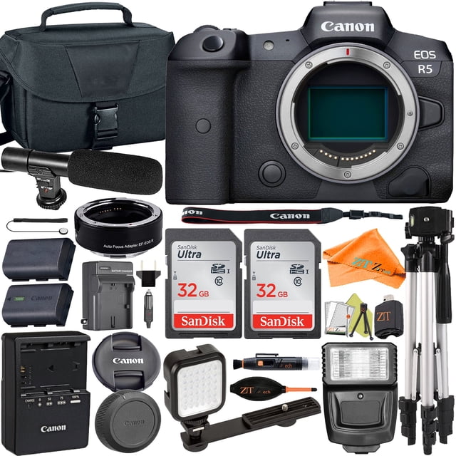 Canon EOS R5 Mirrorless Camera (Body Only) bundle with a 45MP full-frame CMOS sensor, EF-EOS R mount adapter, professional microphone, two SanDisk 32GB memory cards, padded camera case, tripod, LED flash light, and ZeeTech accessories including cleaning tools, extra batteries, and chargers. Perfect for professional photography, 8K video recording, and vlogging needs.