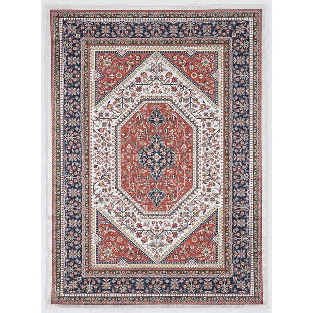 Tapis 5 Pieds x 7 Pieds Emerald Farlin Noir et Ivoire avec Motif floral Traditionnel Présentant un Médaillon Octogonal Rouge et Bleu Marine central sur un Fond Ivoire, Bordé de Motifs Floraux Détaillés Bleu Marine et Rouge. Fabriqué en polyester à Poil Ras avec une Finition Soyeuse, Idéal pour les Zones à Fort Passage et Convient comme Tapis d'Accent dans les Salons Ou les Entrées.