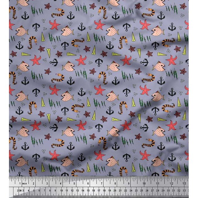 Soimoi Rayon Fabric Anchor Hook,Shell & Starfish Ocean Print Fabric by Yard 56 Inch Wide