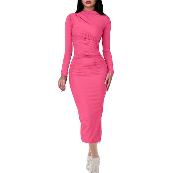 Lovzfmll Women's Fashion Comfortable Casual Long Sleeve Round Neck Dress Hot Pink, L
