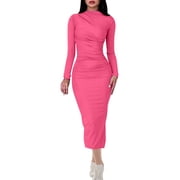 Lovzfmll Women's Fashion Comfortable Casual Long Sleeve Round Neck Dress Hot Pink, L