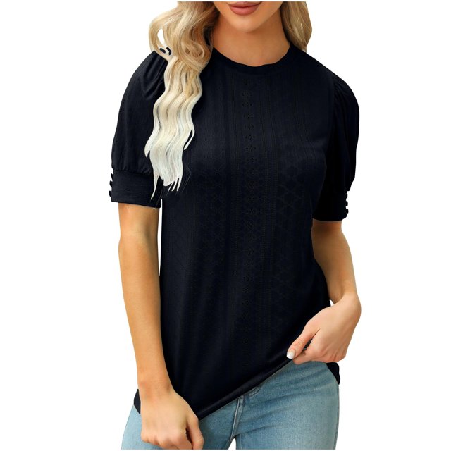 Timegard Hauts pour Femmes, Oeillets, Col Rond, Manches Courtes Bouffantes, Boutonné, Confortable, Couleur Unie, Tunique Décontractée