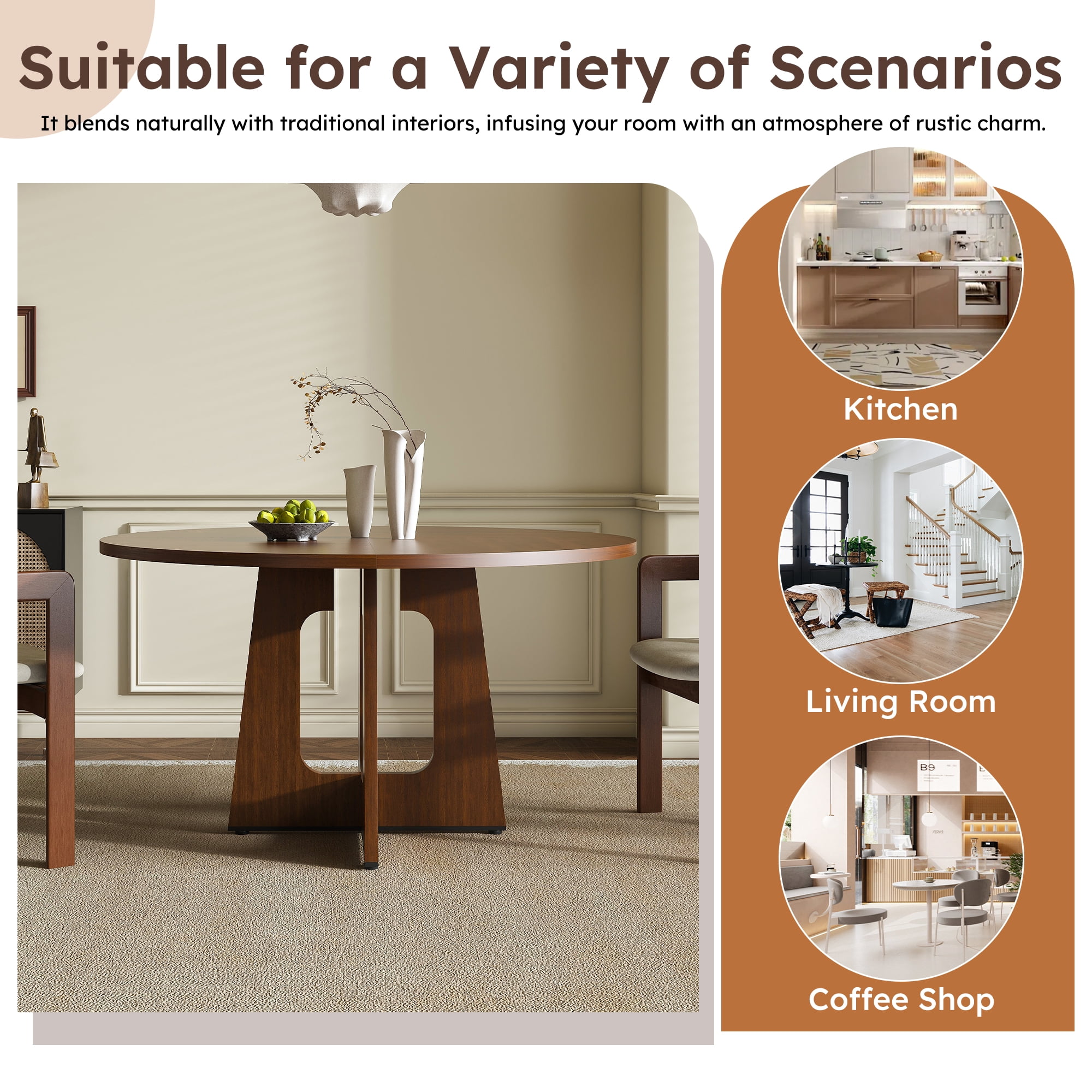 Noble House 47" Round Dining Table for 4,Farmhouse MDF Circle Table with Wood Grain Finish,Walnut