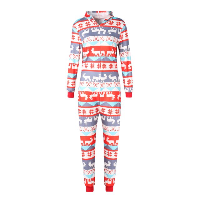 Kmbangi Parent-child Red Elk Printed Pattern Long Sleeve Hooded Jumpsuit