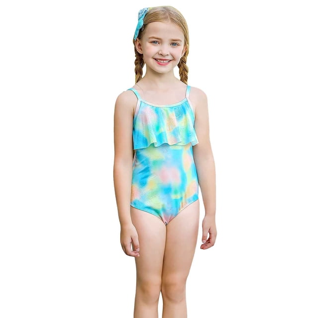 Big Girls One Piece Swimsuits Summer Sleeveless Printing Beach Ruffles Swimwear Size 9-10T
