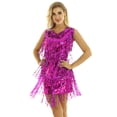 thumbnail image 1 of iEFiEL Robe Mini à Sequins Brillants à Franges pour Femmes en Faux Cuir Col en V Sans Manches Tenue de Danse Samba Rose TTG, 1 of 6