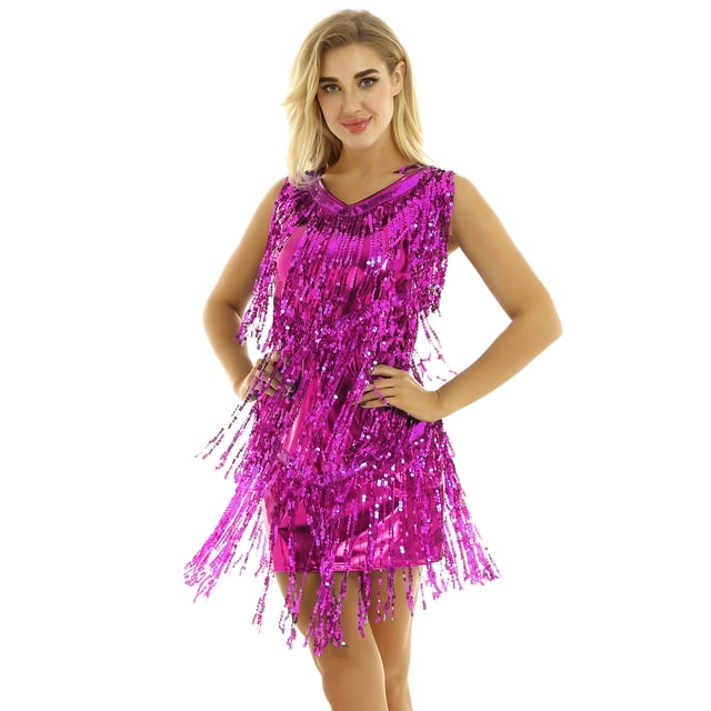 iEFiEL Robe Mini à Sequins Brillants à Franges pour Femmes en Faux Cuir Col en V Sans Manches Tenue de Danse Samba Rose TTG