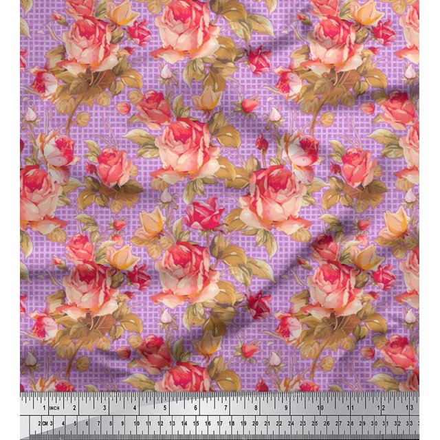 Soimoi Rayon Fabric Check,Leaves & Rose Floral Print Fabric by Yard 42 Inch Wide