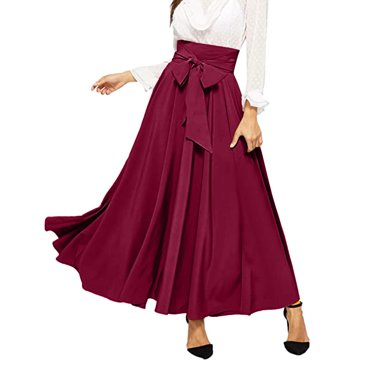 B91xZ Jupes Midi Plissées pour Femmes Mode Taille Haute Jupes en Satin avec Poches, Vin X-S