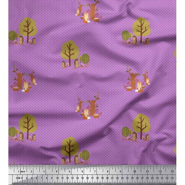 Soimoi Purple Poly Georgette Fabric Tree & Animals Dots Print Sewing Fabric Yard 52 Inch Wide