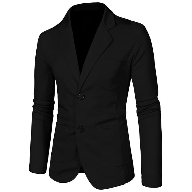INSPIRE CHIC Men's Notched Lapel Long Sleeve Knit Blazer with Pockets in solid black color. This men's blazer features a tailored slim fit design with a notch lapel, button fastening, and two patch pockets. Made from 100% polyester, it is ideal for casual and formal occasions such as interviews, weddings, and meetings.