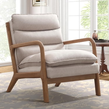 Bonzy Home Mid Century Modern Accent Chair, Comfy Fabric Armchair with Lumbar Support Pillow & Solid Wood Frame for Living Room, Beige
