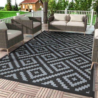 DEORAB Outdoor Rug Reversible 9x12' Patio Rug,Clearance Outside Plastic Waterproof Mat,Fordable Floor Rug for Patio, Camping, RV, Deck, Porch, Balcony, Backyard, black&grey