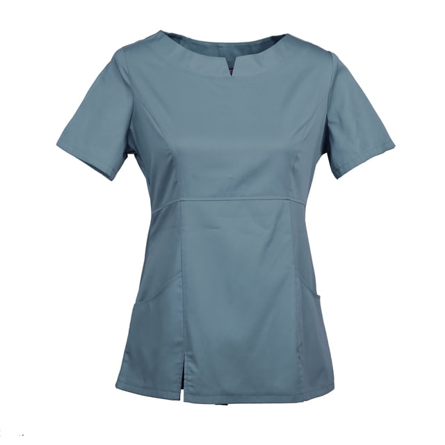 Women's scrub top by TAILOR'S featuring a rounded neckline, short sleeves, and two front pockets. Made from a 65% polyester and 35% cotton blend in a solid muted blue colour. Designed for comfort and durability, it is machine washable and suitable for workwear in healthcare or similar professions.