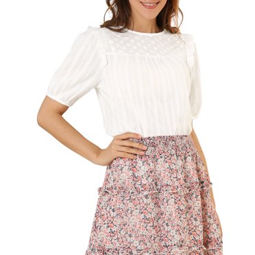 INSPIRE CHIC Women's Puff Shoulder Round Neck Collarless Ruffle Keyhole Back Blouse
