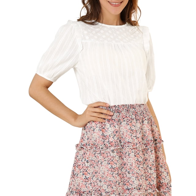 INSPIRE CHIC Women's Puff Shoulder Round Neck Collarless Ruffle Keyhole Back Blouse