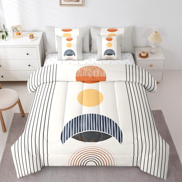 YST Modern Moon Print Full Comforter Set, 7-Piece, Mid Century Abstract Art Bedding Set, Geometric Stripe, Aesthetic Bed Sheets