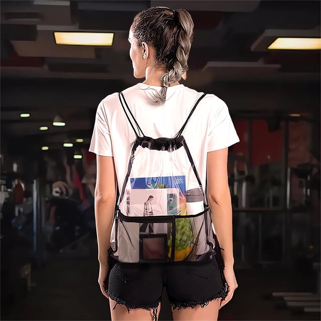 Clear Backpack,See Through Backpack,Drawstring Backpack Bag Beach Bag with Zipper Pocket,Clear Transparent Gym Backpack Bag for Swimming Gear Gym Storage Bag for Adult Kids